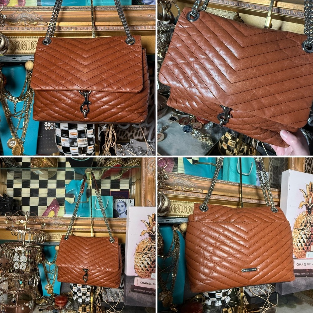 Rebecca Minkoff Edie Flap Shoulder Bag in brown leather with silver hardware. - Picture 2 of 8